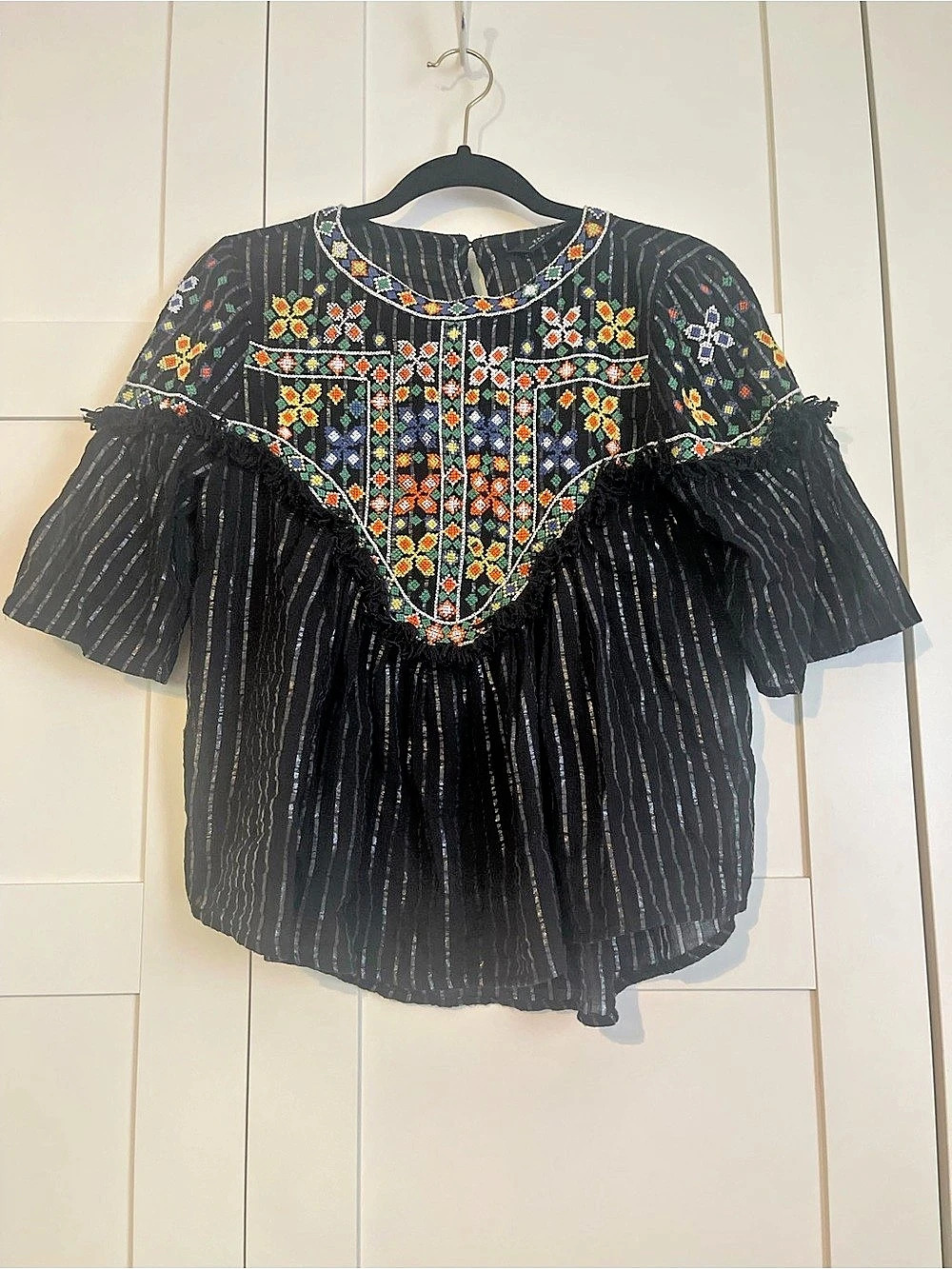 Zara Embroidered Striped Blouse in Black Size Small